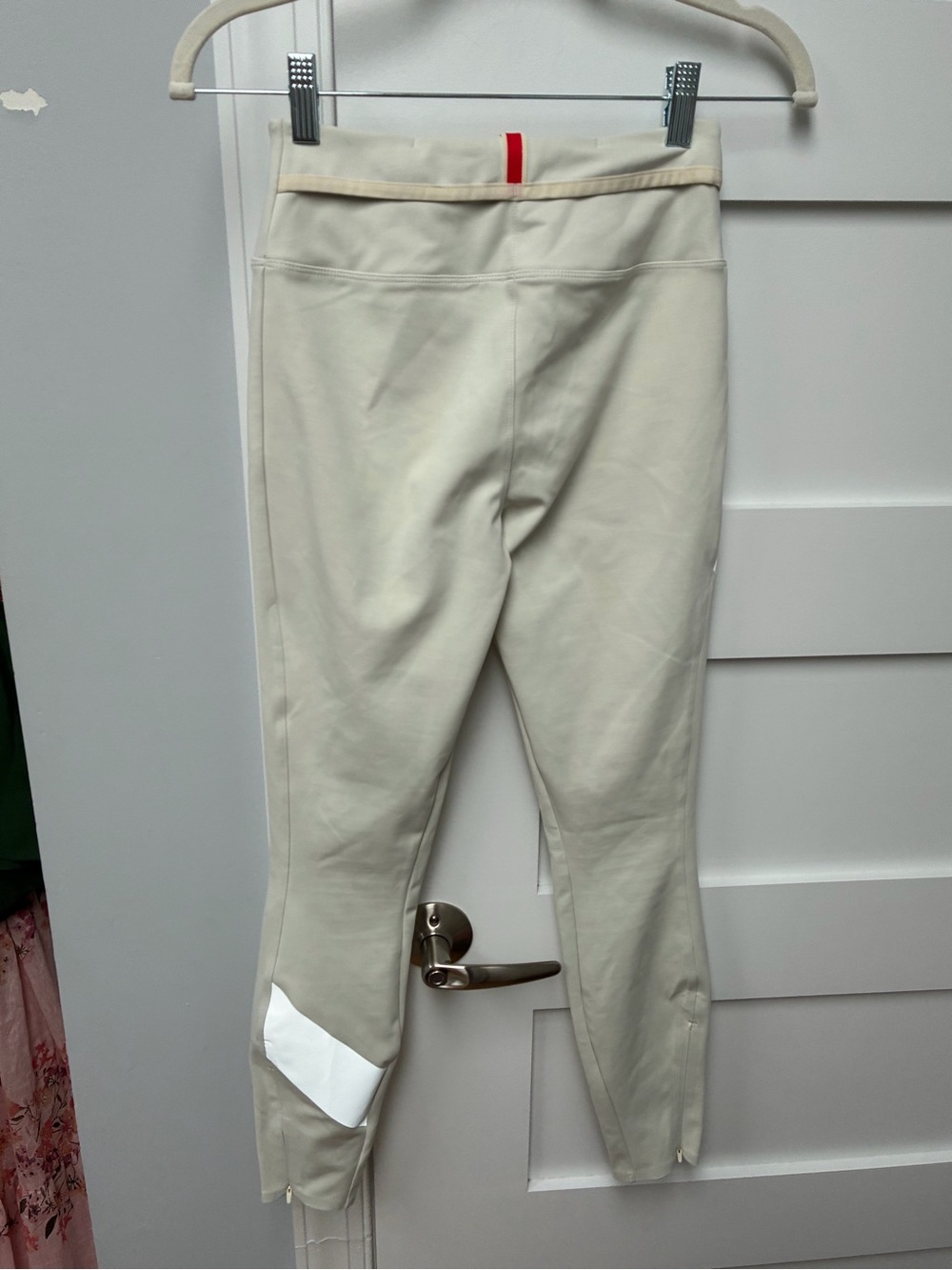 Tracksmith Cream Reflective Panel Leggings with Red Waist Tab